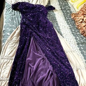 Size 16 purple sequin off the shoulder formal gown with leg split …